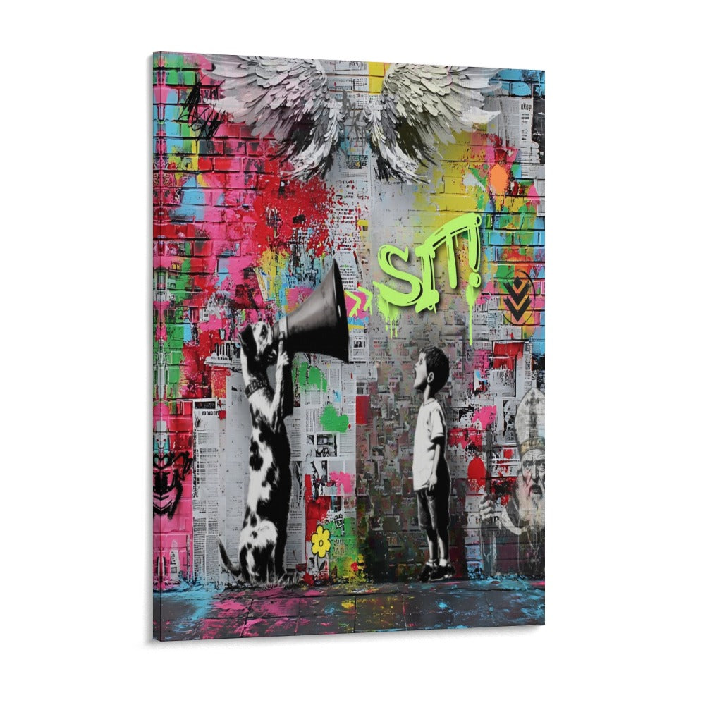 Graffiti Street Art by Banksy-Inspired Dog – Framed Canvas (18x24)