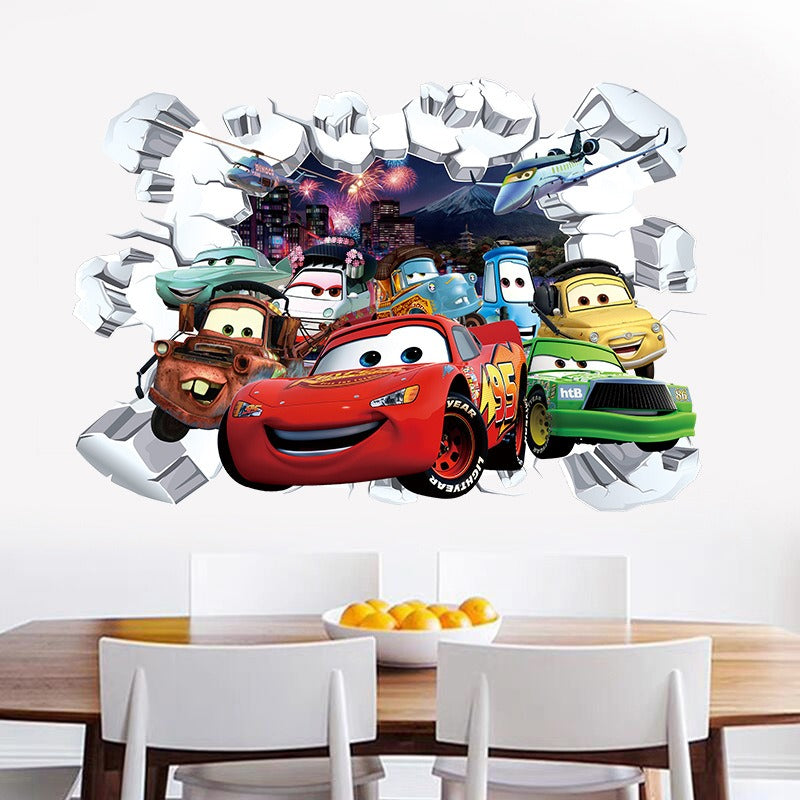 Car Story 3D Broken Wall Large PVC Stickers - Bring Action and Adventure to Your Child's Room!