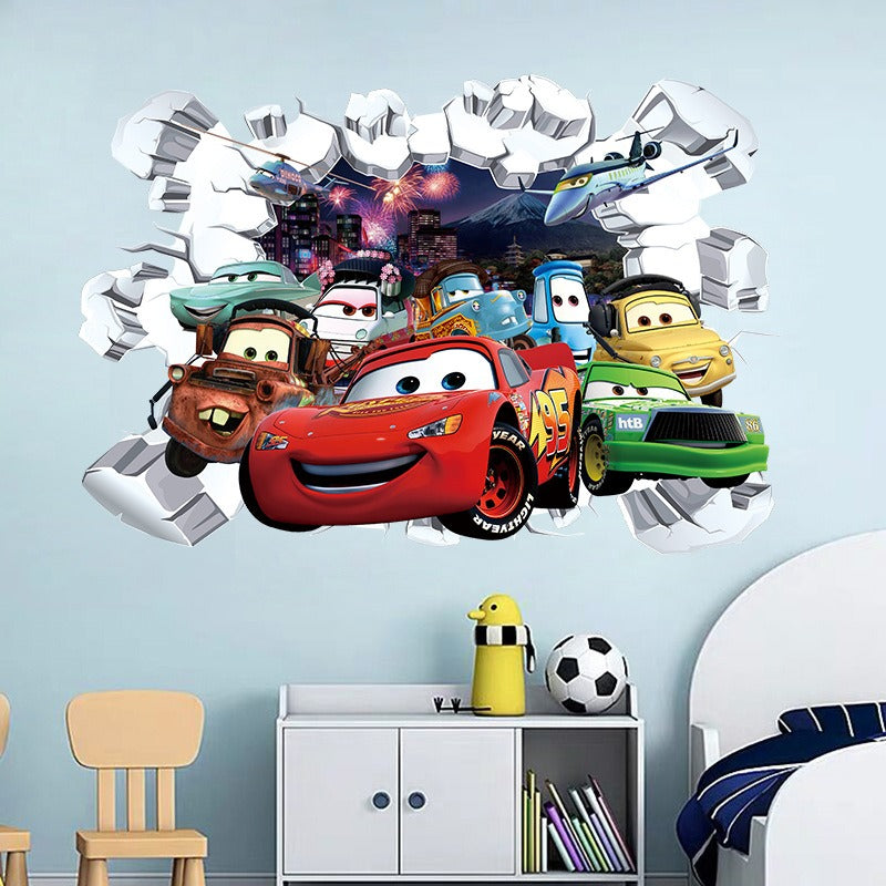 Car Story 3D Broken Wall Large PVC Stickers - Bring Action and Adventure to Your Child's Room!