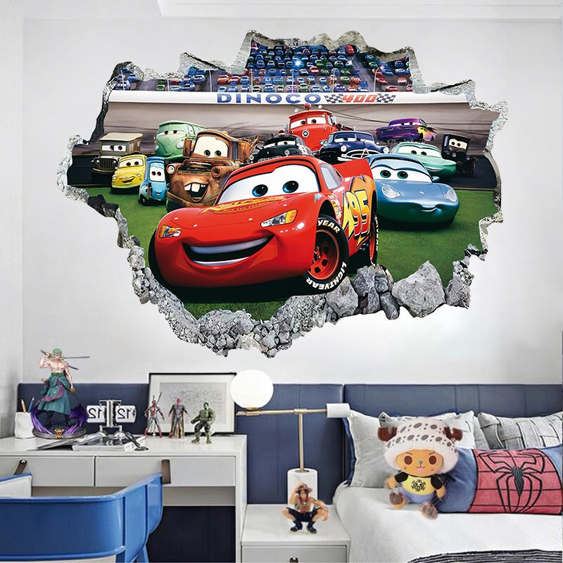 Car Story 3D Broken Wall Large PVC Stickers - Bring Action and Adventure to Your Child's Room!