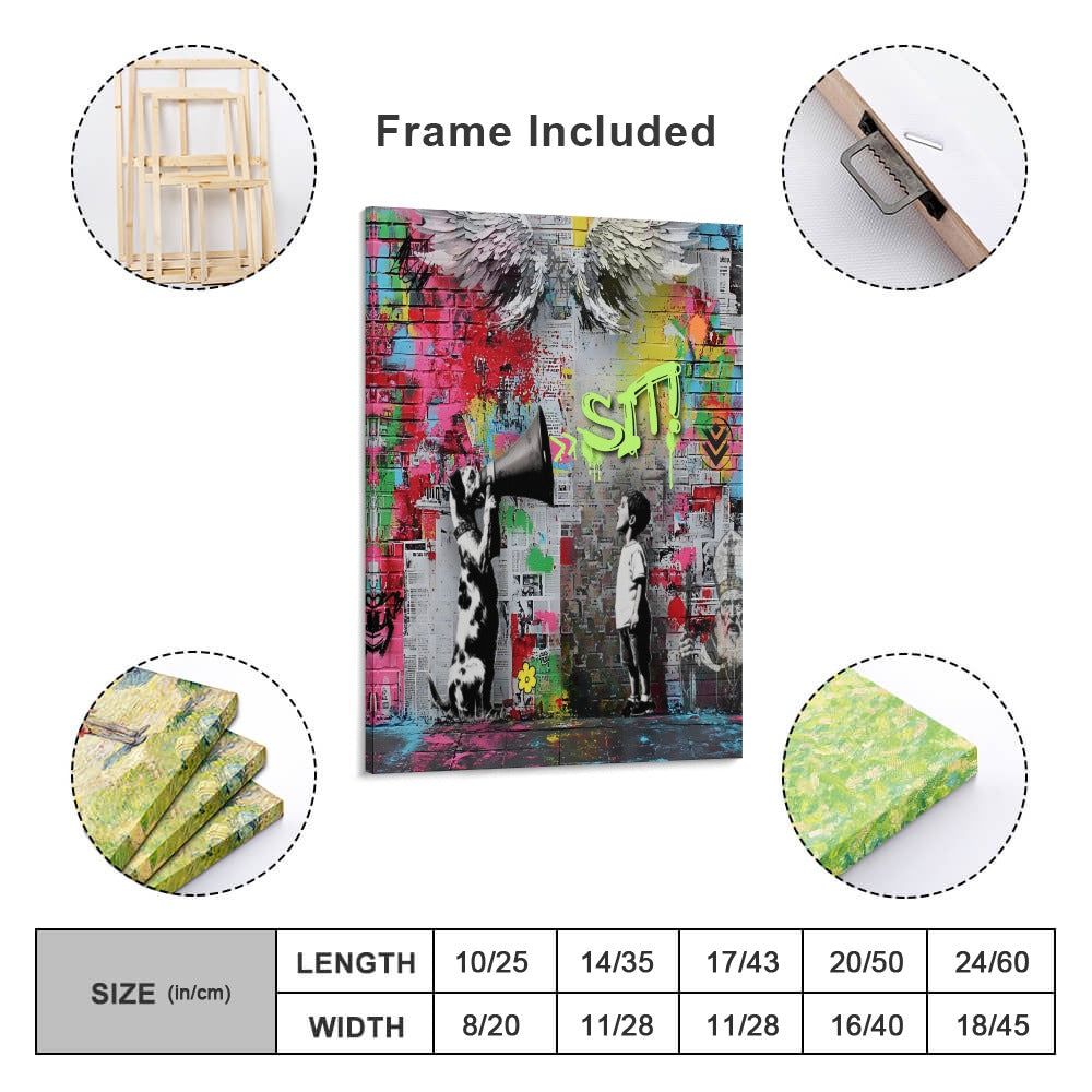 Graffiti Street Art by Banksy-Inspired Dog – Framed Canvas (18x24)