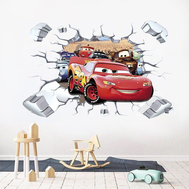 Car Story 3D Broken Wall Large PVC Stickers - Bring Action and Adventure to Your Child's Room!