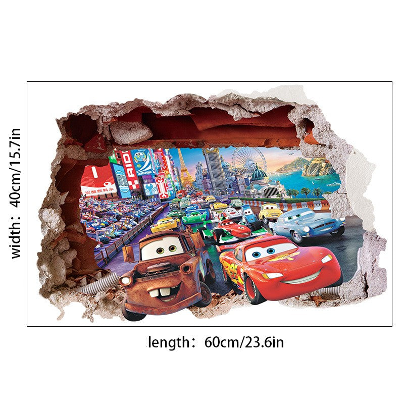 Car Story 3D Broken Wall Large PVC Stickers - Bring Action and Adventure to Your Child's Room!