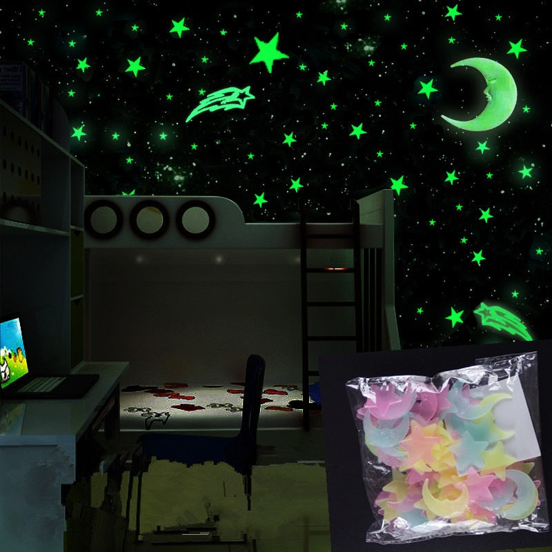 100Pcs Glow-in-the-Dark Moon & Star Stickers Children's Room - Transform Any Room into a Magical Night Sky!