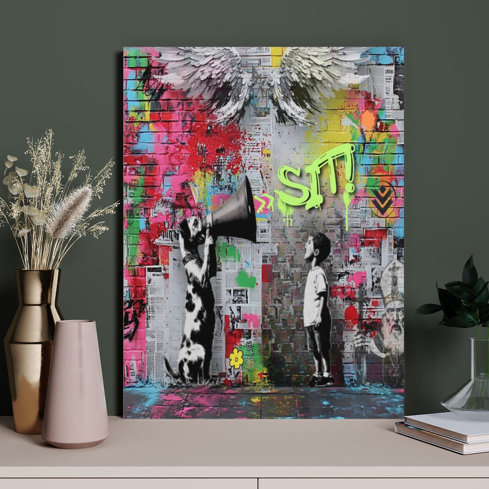 Graffiti Street Art by Banksy-Inspired Dog – Framed Canvas (18x24)