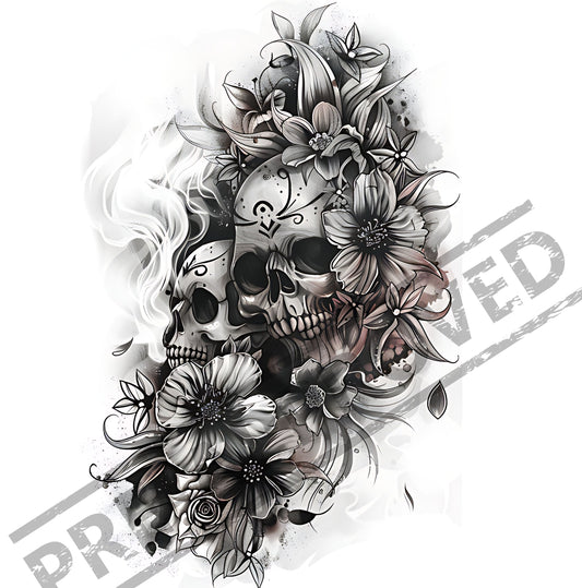 Skull & Flowers Tattoo Design [ Digital Download ] - Bridgetown Artistry