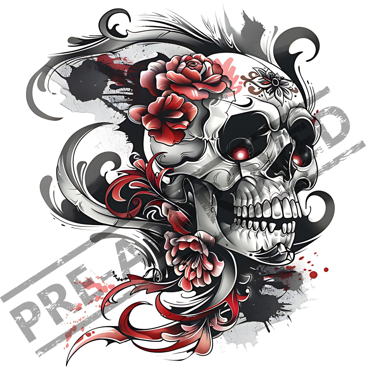 Skull and Flowers Neo-Traditional Tattoo Design [ Digital Download ]