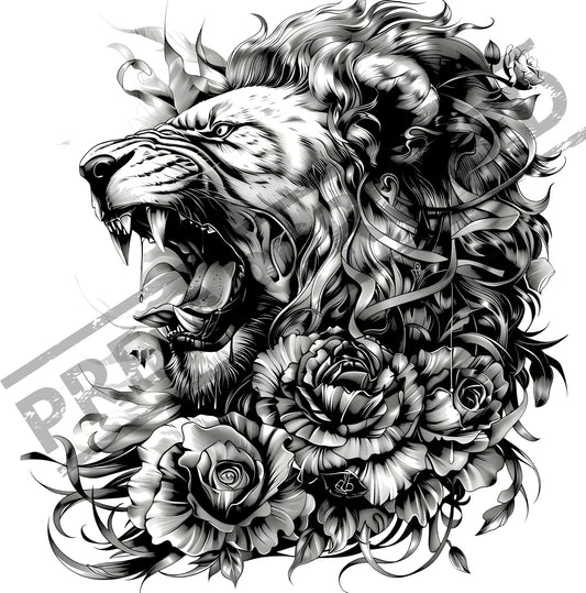 Lion & Flowers Tattoo Design [ Digital Download ]