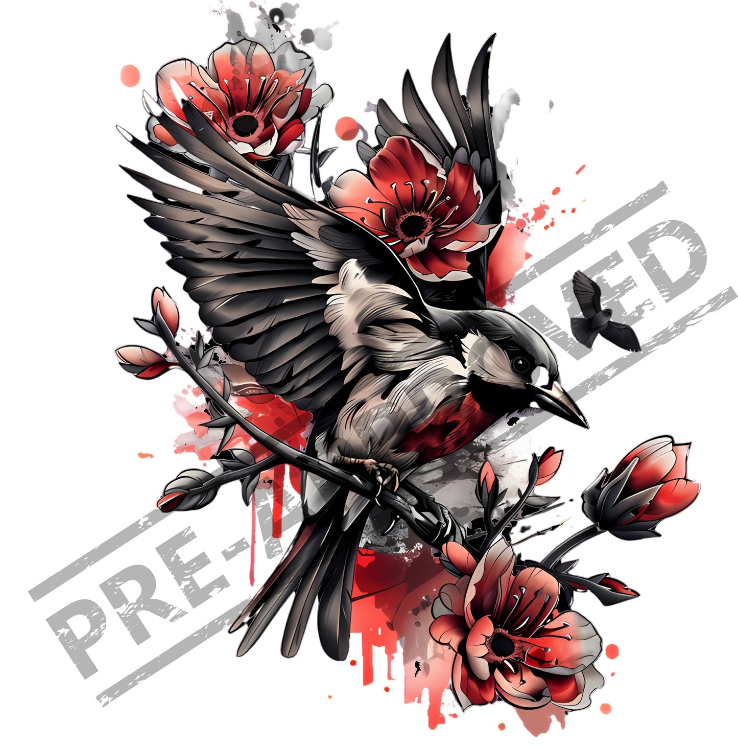 Bird & Flowers Colored Tattoo Design[ Digital Download ]