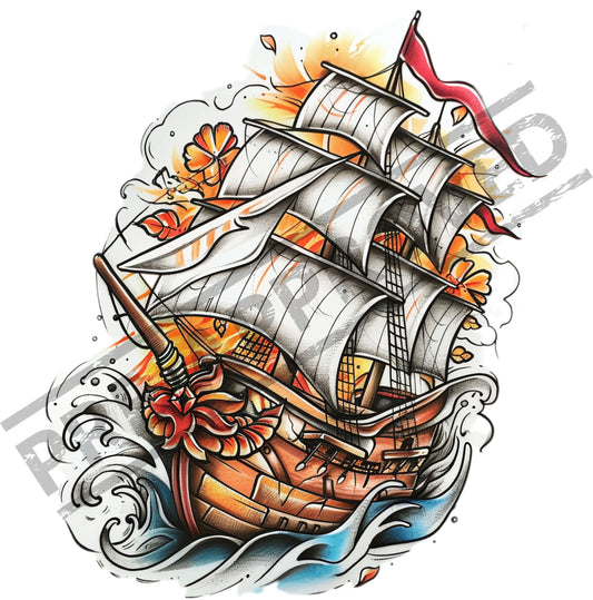 Pirate Ship Neo-Traditional Tattoo Design [ Digital Download ] - Bridgetown Artistry