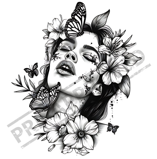 Woman Flowers Butterflies Tattoo Design [ Digital Download ]