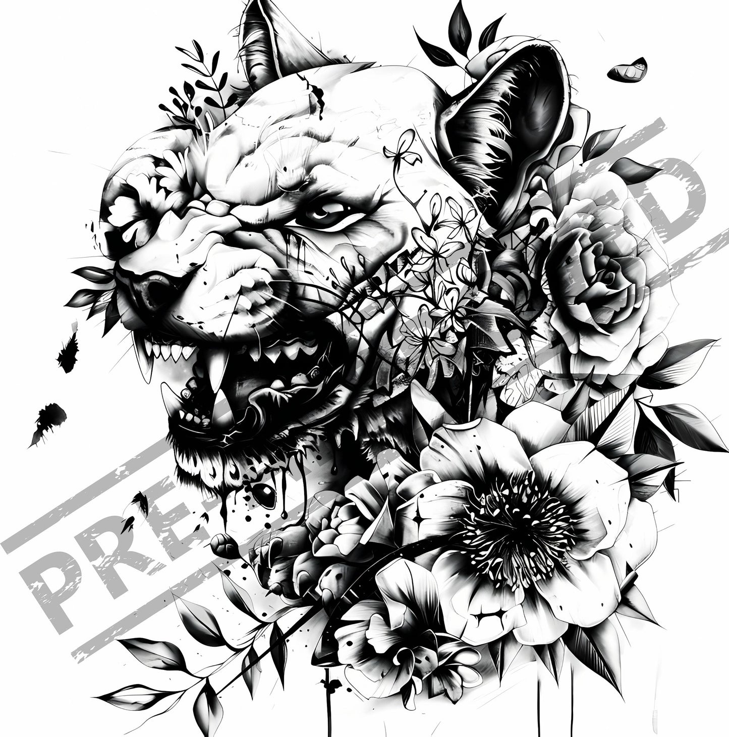 Dog & Flowers Tattoo Design  [ Digital Download ]