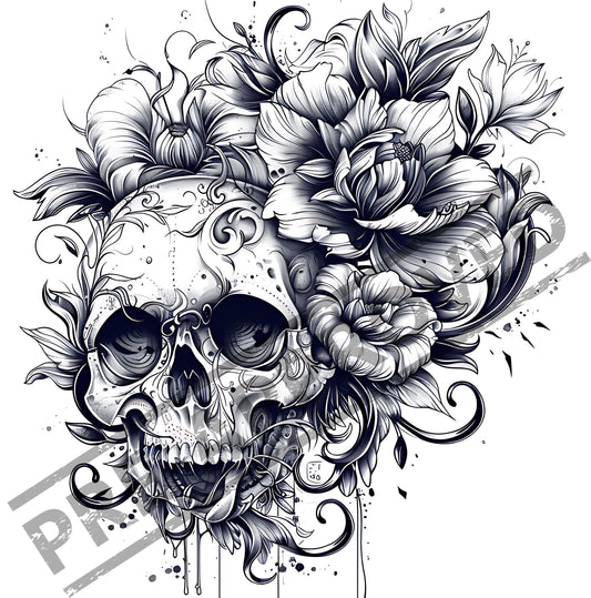 Skull & Flowers Concept Tattoo Design [ Digital Download ]