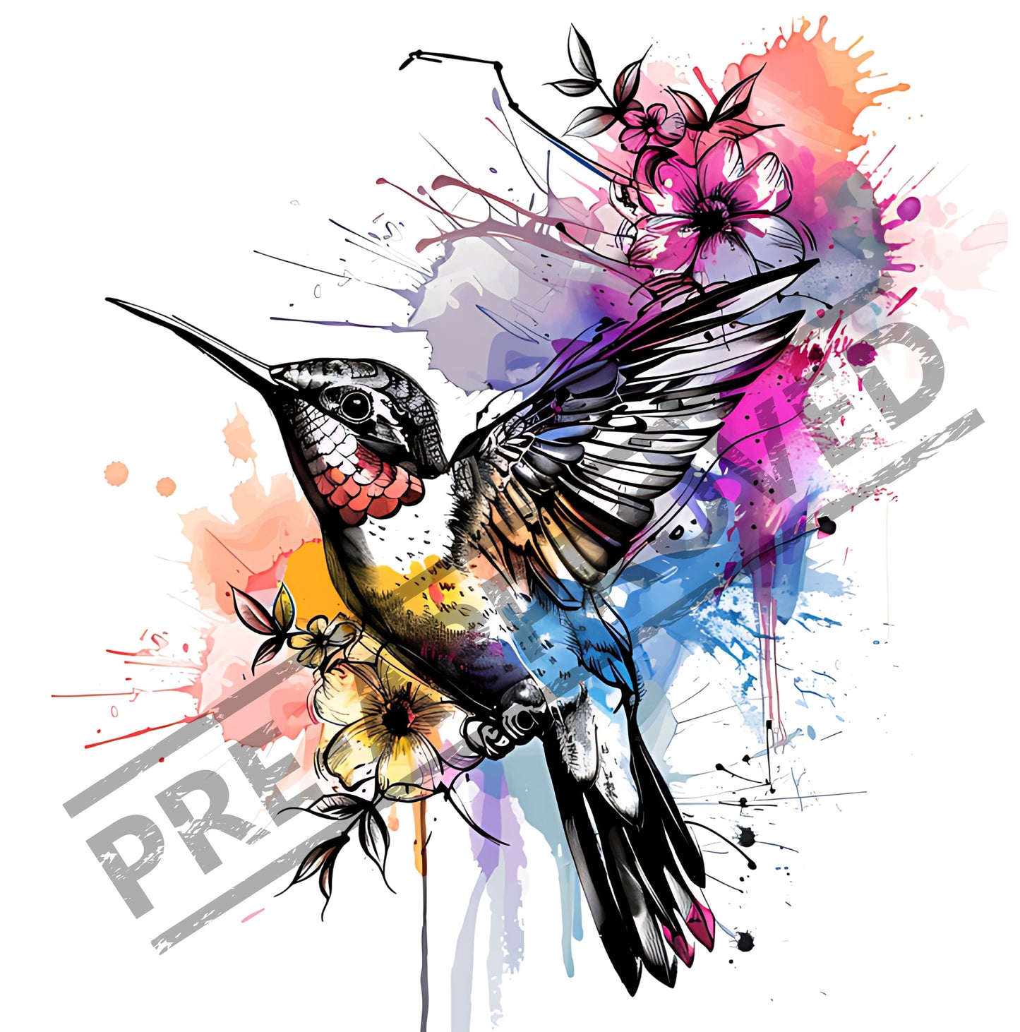 Hummingbird & Flowers Tattoo Design [ Digital Download ]