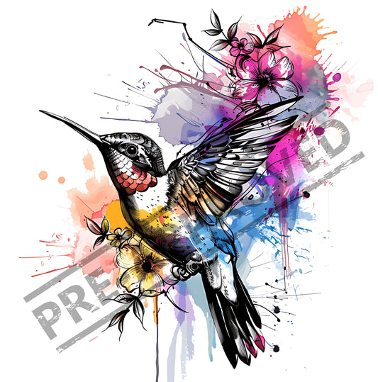 Hummingbird & Flowers Tattoo Design [ Digital Download ]