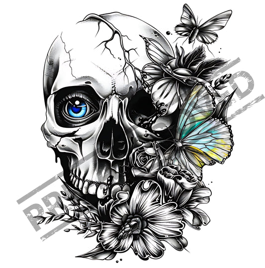 Skull & Flowers Butterflies Tattoo Design [ Digital Download ]