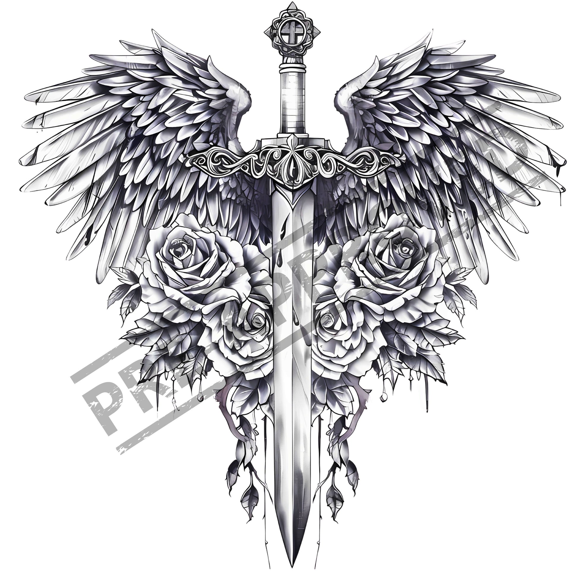 Sword  Roses and Wings Tattoo Design [ Digital Download ] - Bridgetown Artistry