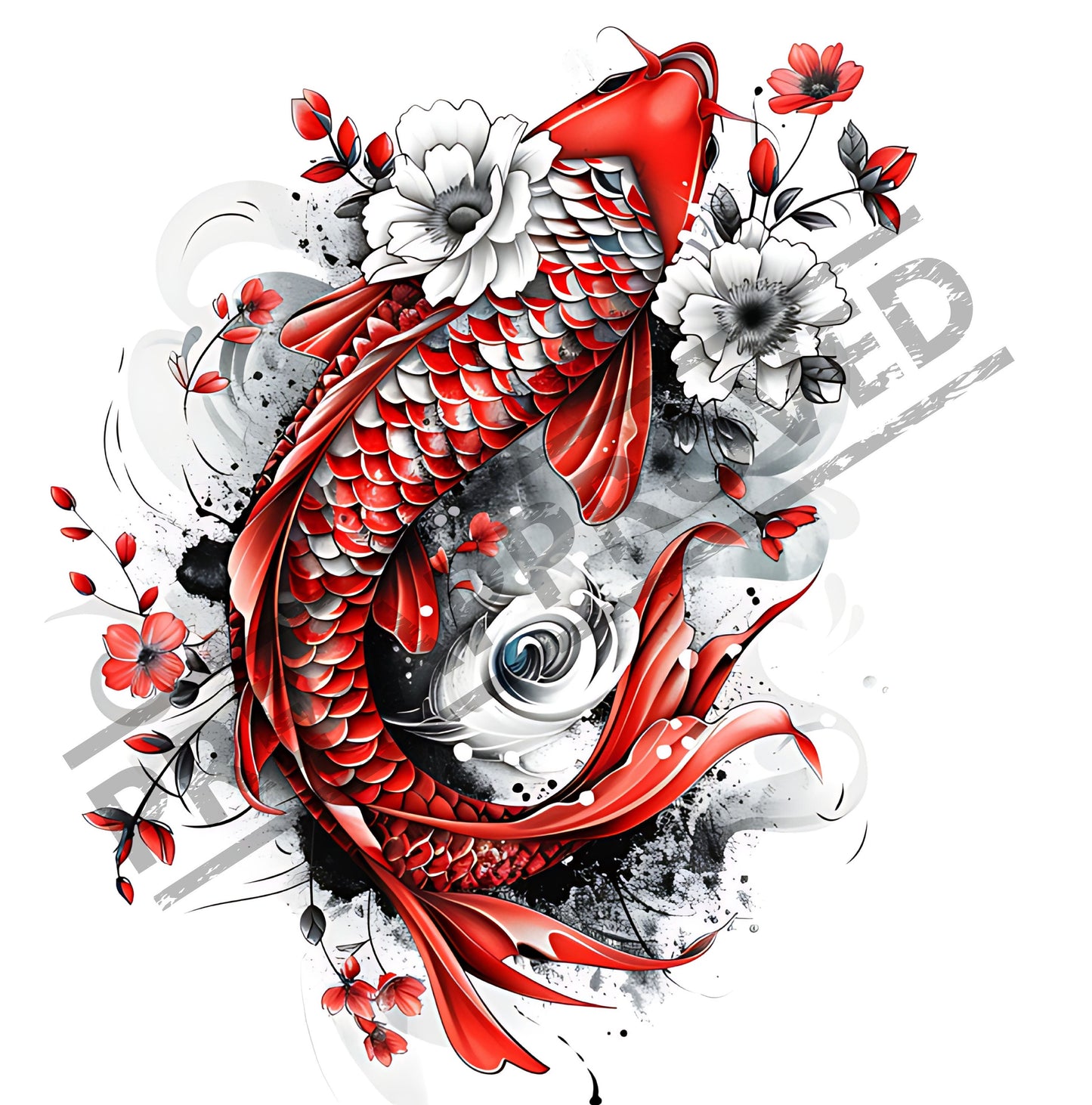 Koi & Flowers Tattoo Design [ Digital Download ]