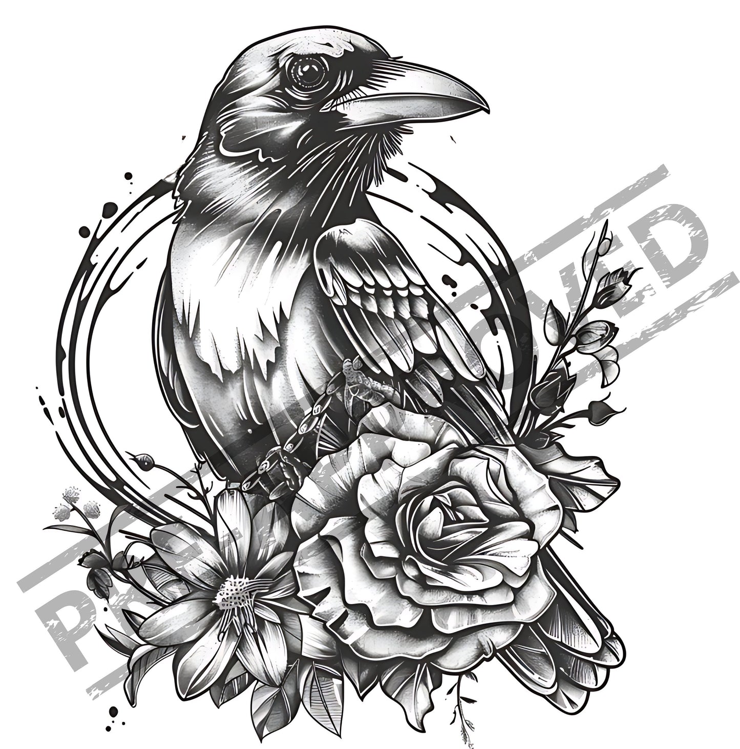 Raven & Flowers Tattoo Design [ Digital Download ]