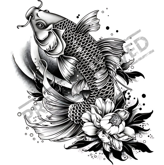 Koi & Flowers Tattoo Design [ Digital Download ]