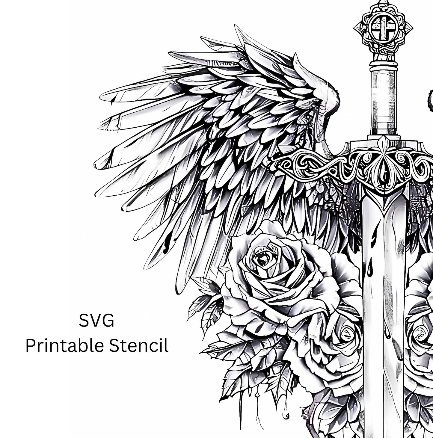 Sword  Roses and Wings Tattoo Design [ Digital Download ] - Bridgetown Artistry