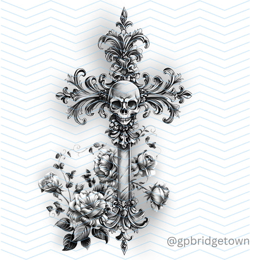 Skull Cross Flowers Tattoo Design [ Digital Download ] - Bridgetown Artistry