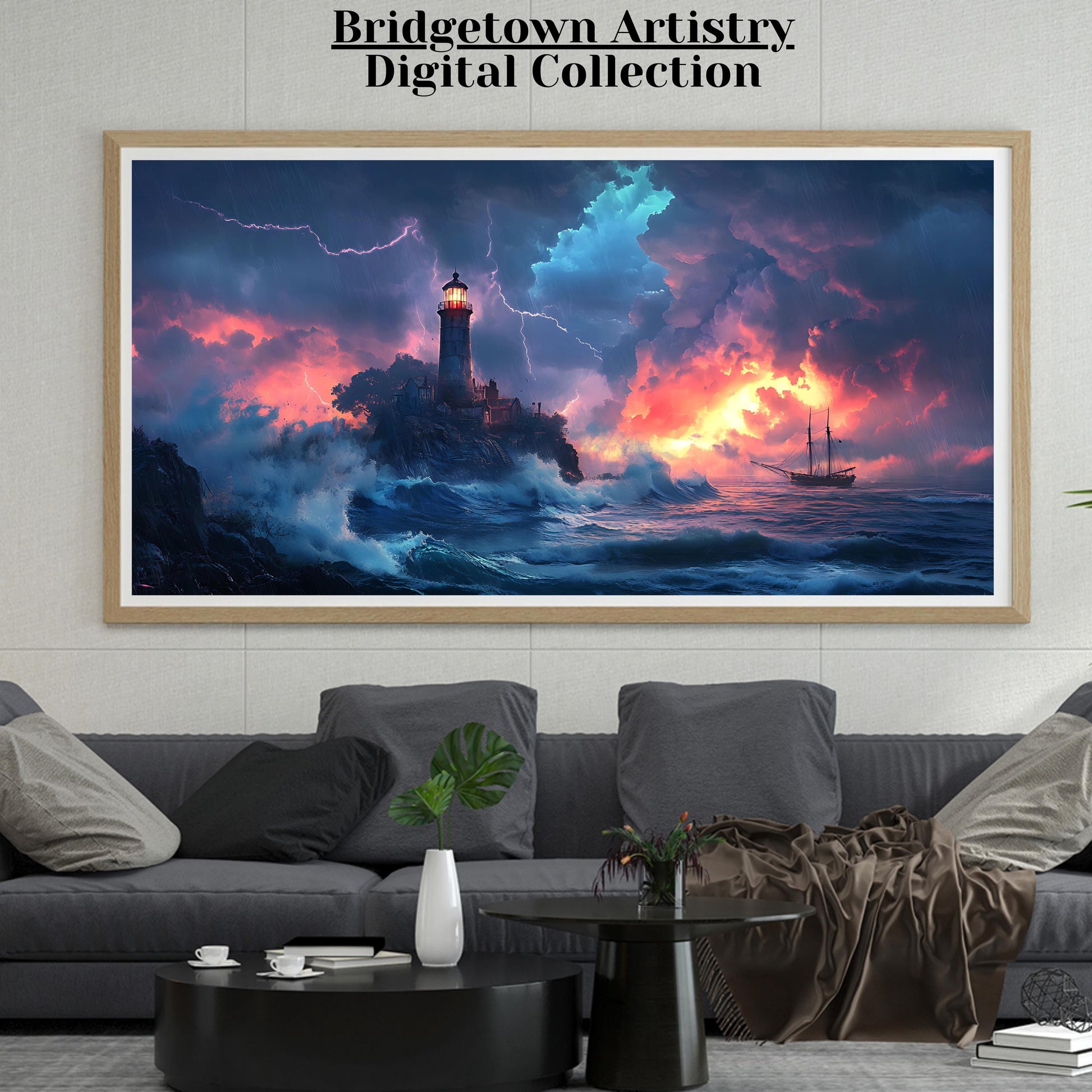 Lighthouse Stormy Ship Print | Wall Art | Poster Art | Panorama | Nature Design  |DIGITAL DOWNLOAD | Printable Canvas| Jpeg | PDF | 8k - Bridgetown Artistry